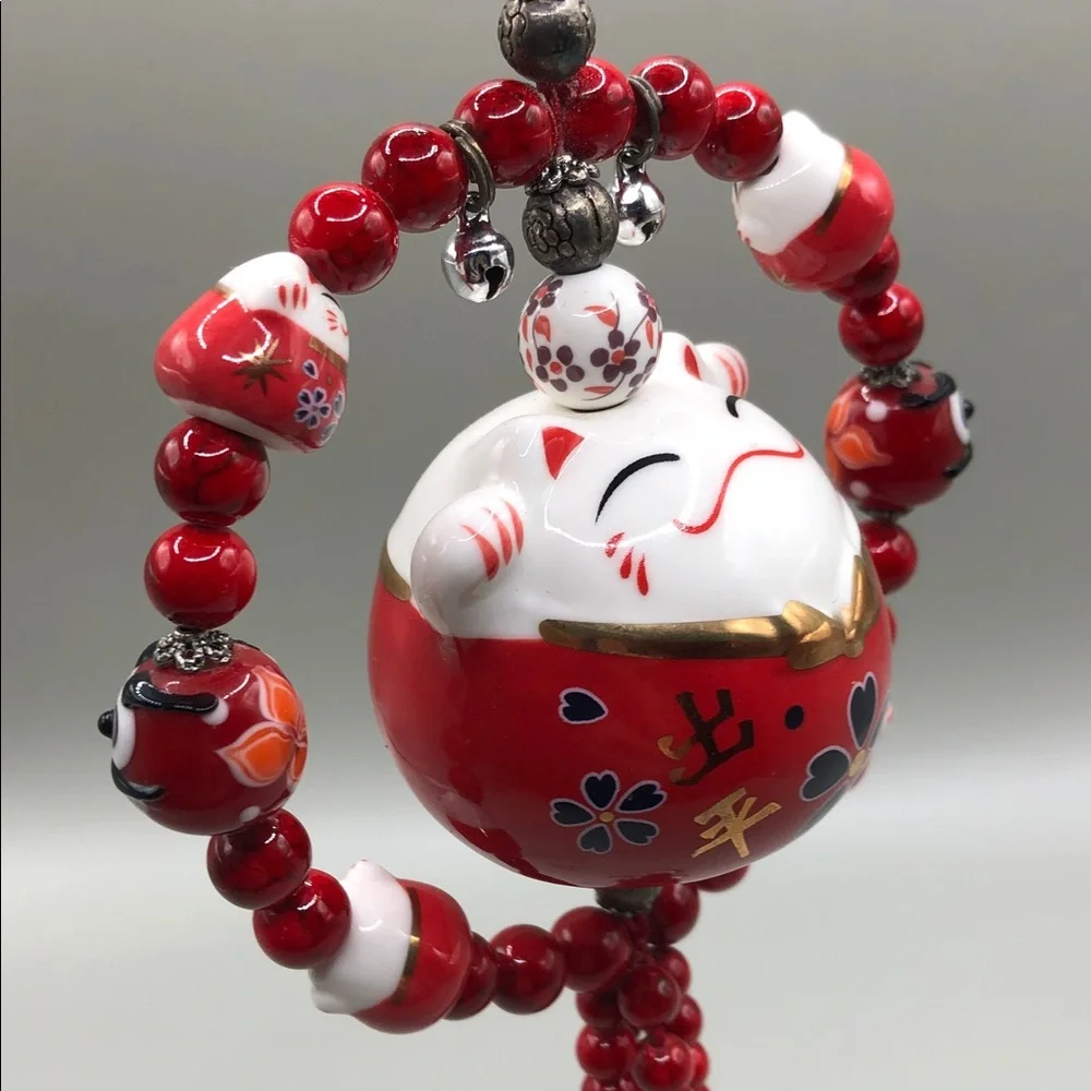 Vintage 90's Maneki Neko Ceramic Hanging Amulet Charm Hanger Hang Up Japan